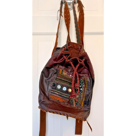 Vintage Hippie Boho Vegan Leather Backpack Banjara Embroidered Mirror Unique! - Picture 3 of 15